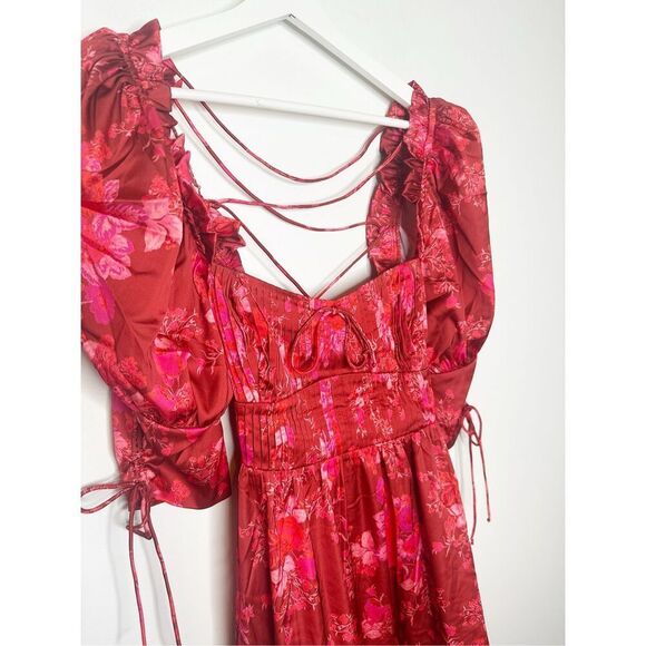 For Love & Lemons size M Alia Mini Dress Satin Red Pink Floral Puff Sleeve New - Picture 9 of 13